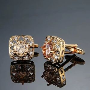 Elegant Rounded Square Gold Crystal Cufflinks